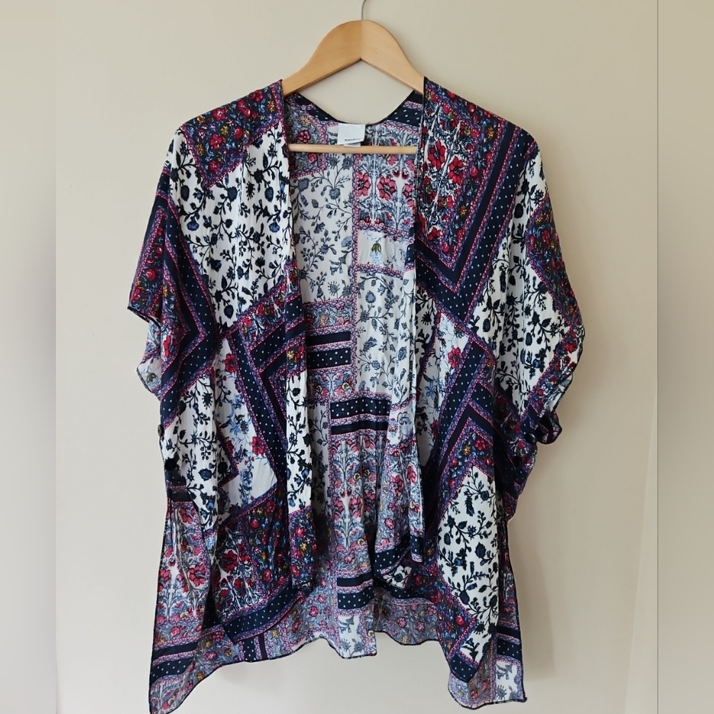 Navy Floral Kimono Artsy Cover Top Travel Open Casual Career One Size Womens